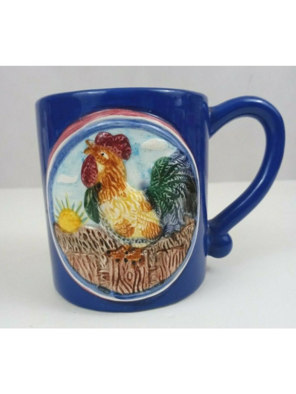 Vintage 1996 Cracker Barrel Blue 3D With Rooster Design Coffee Cup Mug 4" Tall